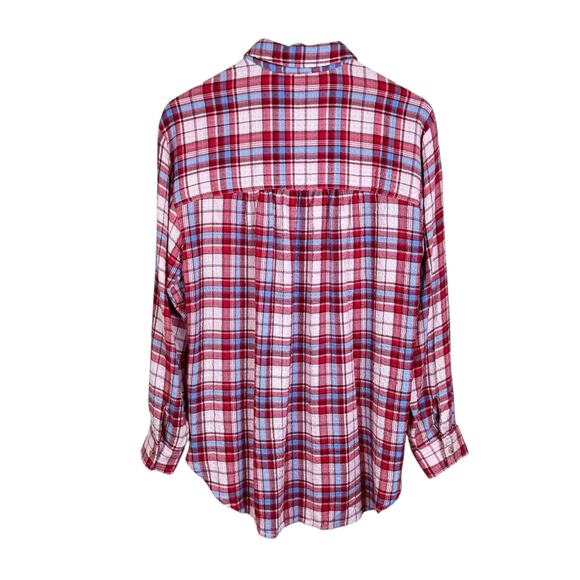 Anthropologie Pilcro Red Blue Pink Plaid Soft Knit Long Sleeve Button Up Shirt - Picture 9 of 11